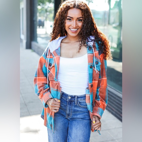 Teal Blue, & Orange Plaid Button Down Hooded Flannel, Medium Shacket, USA Made - Picture 13 of 14